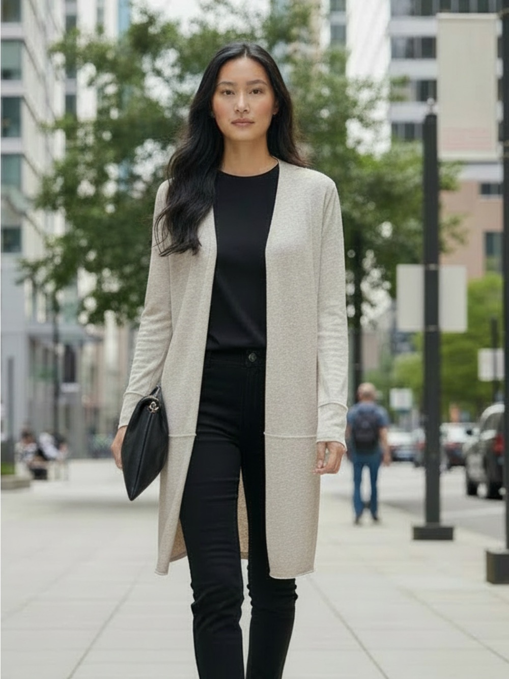 EILEEN FISHER Beige Open-Front Longline Merino Wool Cardigan Sweater Duster Sz L